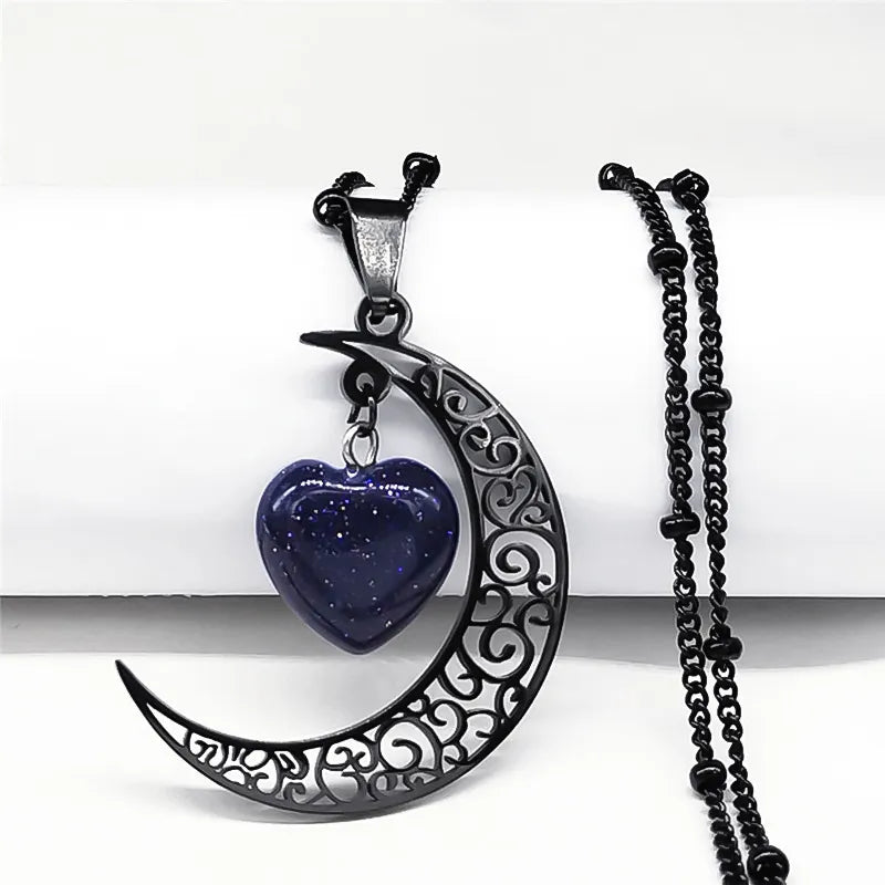 Vintage Moon Heart Stone Necklace