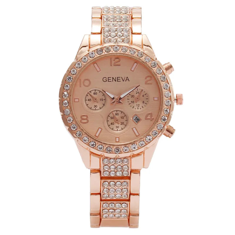 Elegant Ladies Fashion Watch with Diamond Accents, Calendar & Three-Eye Design