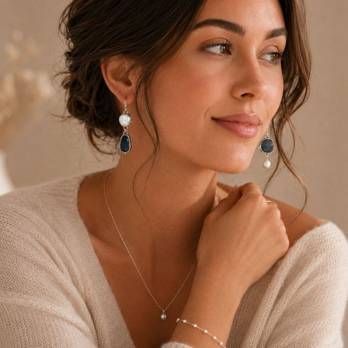 Blue Stone Pearl Earrings