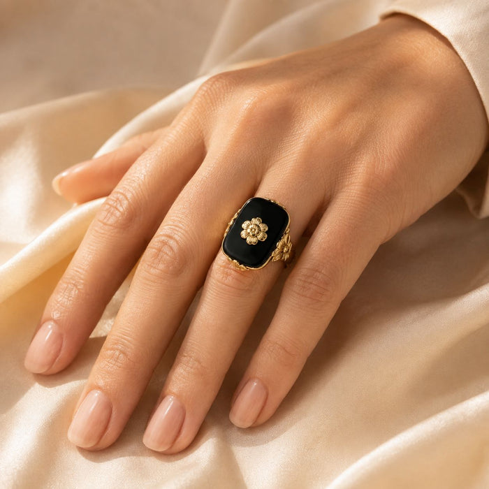 Floral Black Stone Ring