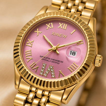 Pink Crystal Gold Bracelet Watch