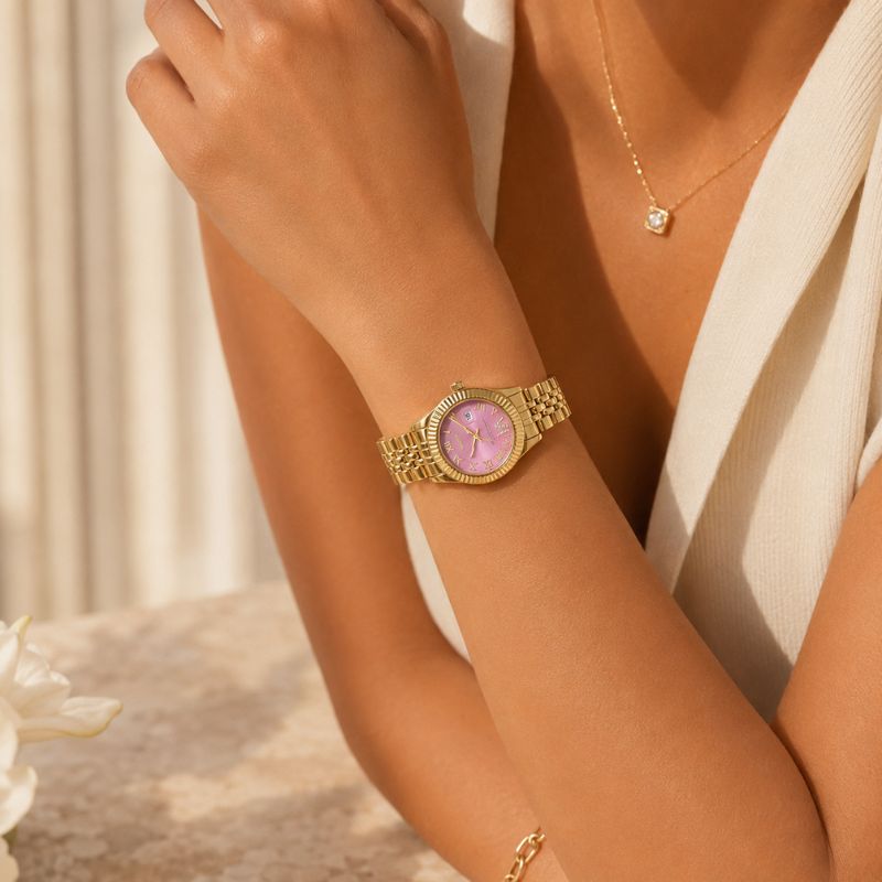 Pink Crystal Gold Bracelet Watch