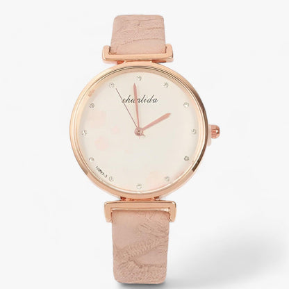 Vintage round floral watch with leather strap