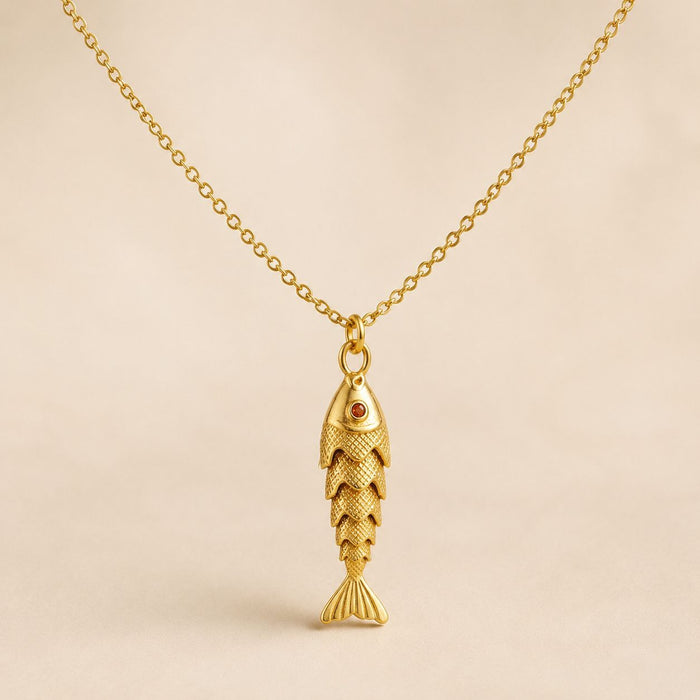 Articulated Fish Pendant Necklace - Gold Tone