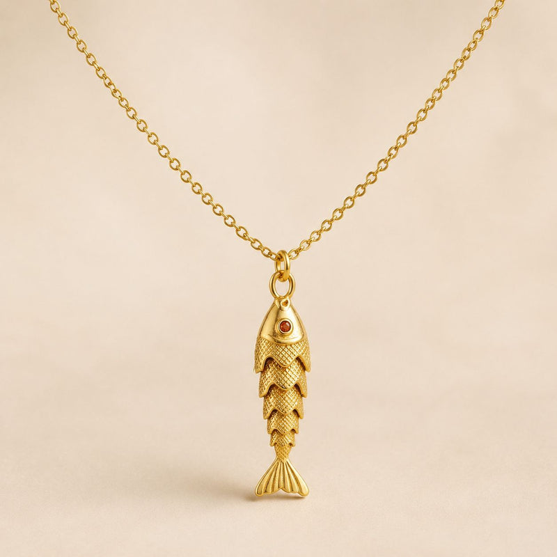 Articulated Fish Pendant Necklace - Gold Tone